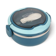HOMEATIC stainless steel lunch box in elegant blue with secure latches, transparent lid, and built-in spoon storage for school, office, and travel meals.






