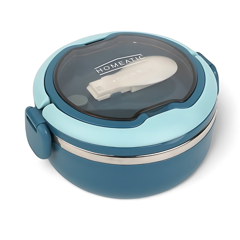 HOMEATIC stainless steel lunch box in elegant blue with secure latches, transparent lid, and built-in spoon storage for school, office, and travel meals.






