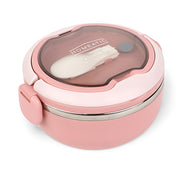HOMEATIC stainless steel lunch box in pastel pink with secure latch locks, transparent lid, and built-in spoon storage, ideal for school, work, and travel meals.






