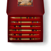 Handmade Calligraphy Qalam Set with bamboo pens and assorted inks in a luxurious red box, ideal for traditional calligraphy

