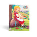 Cover of Hania, an Urdu children's storybook featuring a young girl lovingly holding her pet, set in a vibrant countryside landscape with flowers and hills in the background.