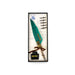 Harry Potter Hogwarts Writing Quill Set with green feather, ink pot, extra nibs, and a replica acceptance letter in a decorative box.

