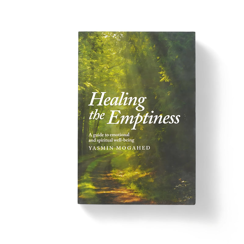 Cover of Healing the Emptiness by Yasmin Mogahed, featuring a sunlit forest path symbolizing emotional and spiritual renewal, with the title and author's name prominently displayed.






