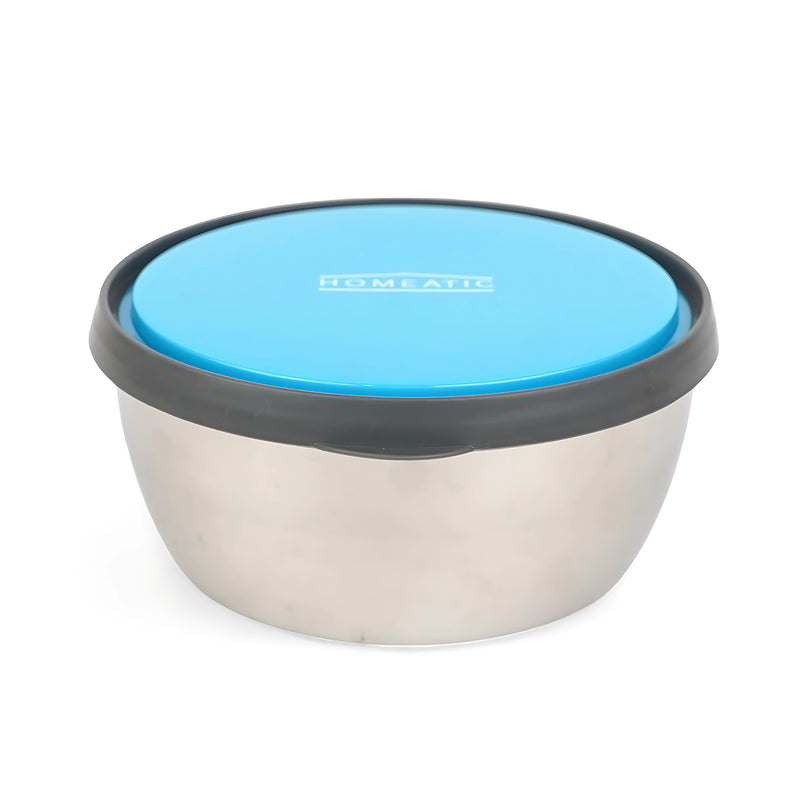 Homeatic Blue Stainless Steel Food Container featuring a vibrant blue lid, ideal for keeping meals fresh and stylish.

