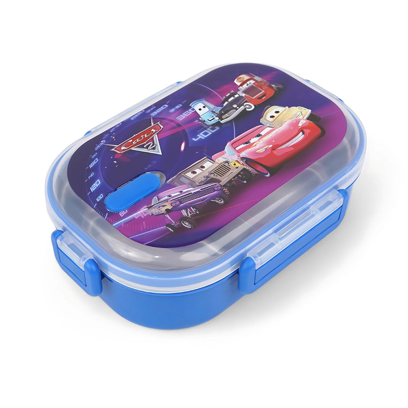Homeatic Cars Stainless Steel Lunch Box featuring a vibrant design with Cars characters, perfect for kids to carry meals while enjoying their favorite movie.

