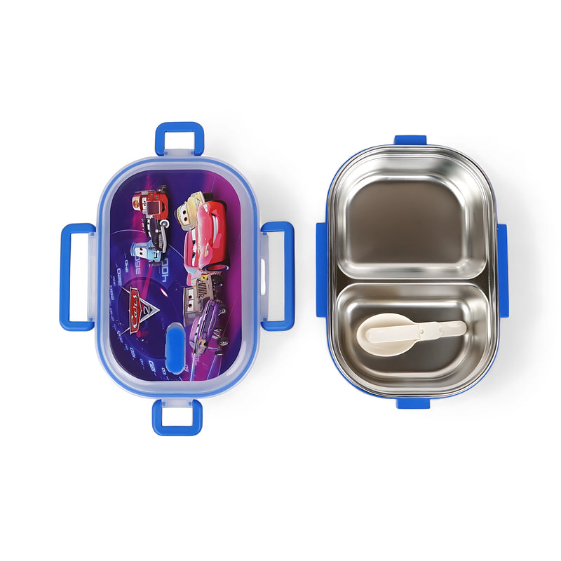 Homeatic Cars Stainless Steel Lunch Box featuring a vibrant design with Cars characters, perfect for kids to carry meals while enjoying their favorite movie.

