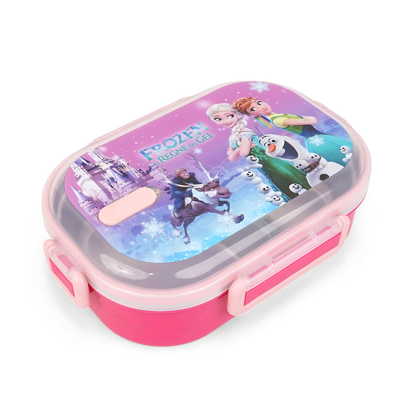 Homeatic Frozen Stainless Steel Lunch Box featuring a vibrant pink design with Frozen characters, perfect for kids to carry meals while enjoying their favorite movie.

