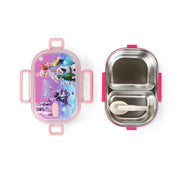 Homeatic Frozen Stainless Steel Lunch Box featuring a vibrant pink design with Frozen characters, perfect for kids to carry meals while enjoying their favorite movie.


