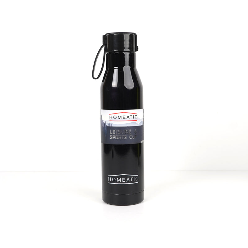 Homeatic Leisure & Sports Cup in black – a stainless steel insulated bottle with a sleek design, leakproof cap, and carrying loop for gym, travel, and outdoor use.

