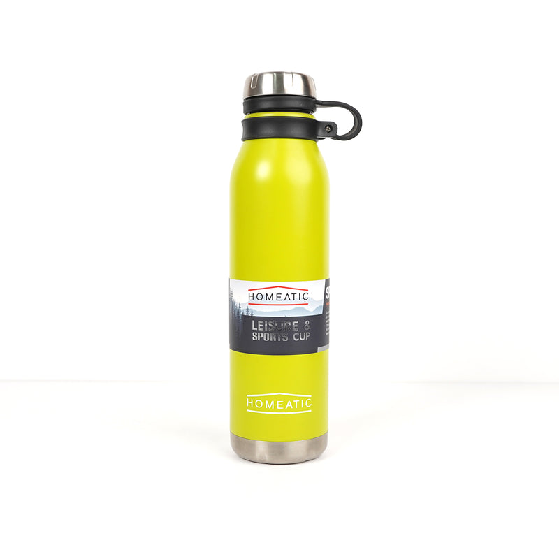 Homeatic Leisure & Sports Cup in lime green, a stainless steel insulated bottle for keeping drinks hot or cold with a secure cap and travel loop.

