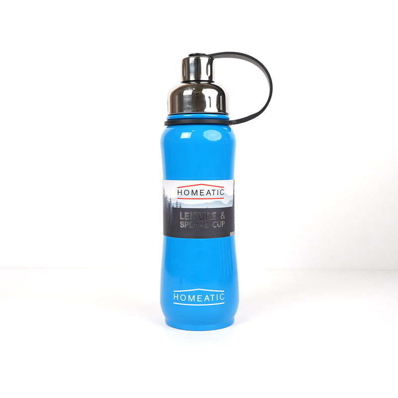Homeatic Leisure & Sports water bottle with a blue finish and black cap, featuring a portable strap for convenient carrying during outdoor activities and gym use.

