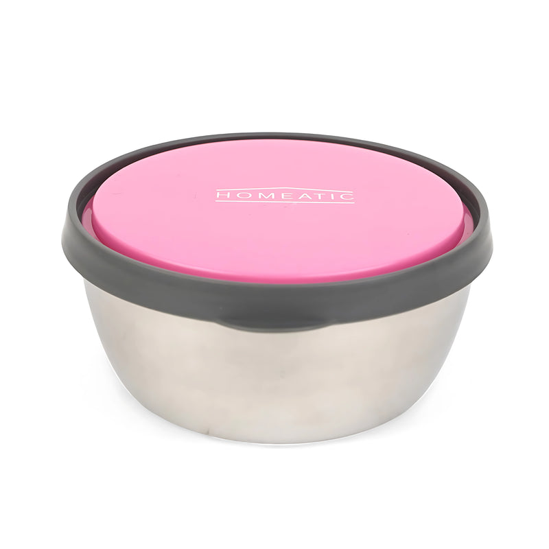 Homeatic Pink Stainless Steel Food Container featuring a vibrant pink lid, perfect for storing meals while ensuring freshness and style.

