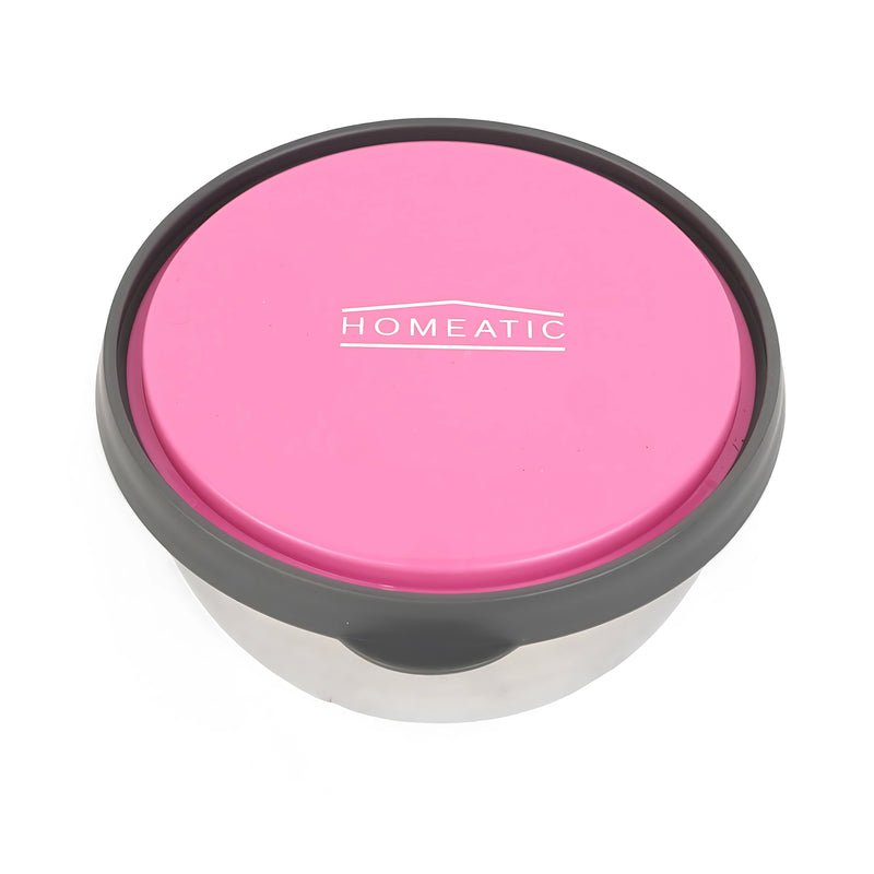 Homeatic Pink Stainless Steel Food Container featuring a vibrant pink lid, perfect for storing meals while ensuring freshness and style.

