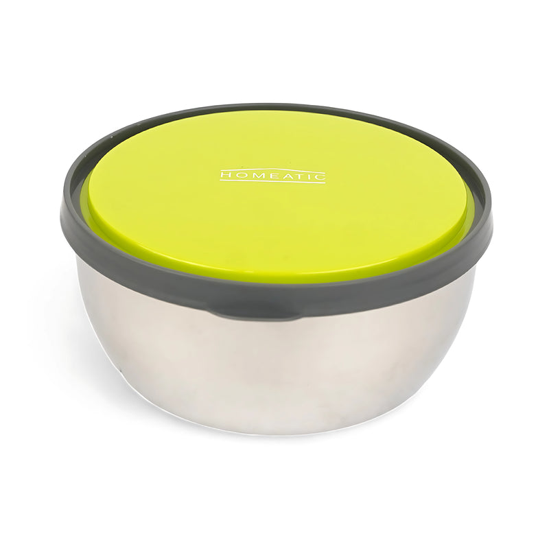 Homeatic Stainless Steel Food Container featuring a vibrant green lid, perfect for storing meals while ensuring freshness and style.

