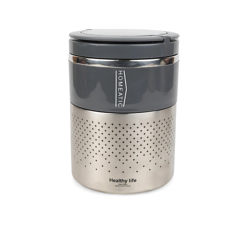 Homeatic Stainless Steel Lunch Box featuring a sleek design, perfect for carrying meals while on the go, emphasizing durability and style.

