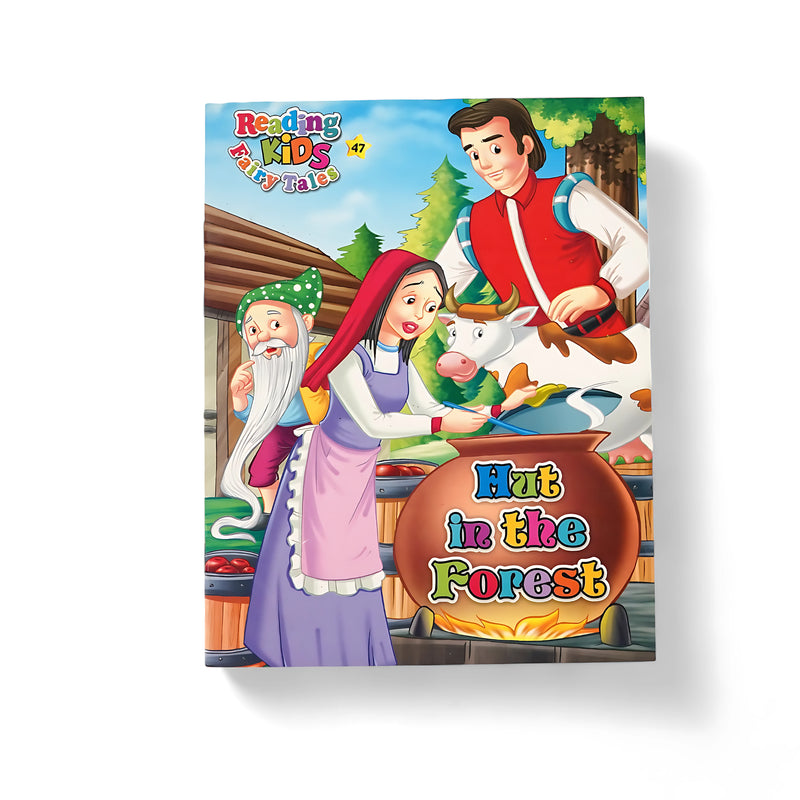 Illustrated cover of Hut in the Forest, featuring a family interacting with animals and preparing a meal in their cozy hut, showcasing themes of adventure and nature.

