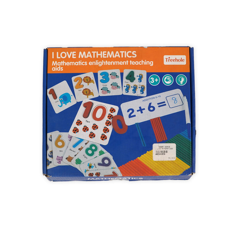 'I Love Mathematics' early math learning kit featuring counting sticks and number flashcards for children aged 3+, designed to teach counting, addition, and number recognition.