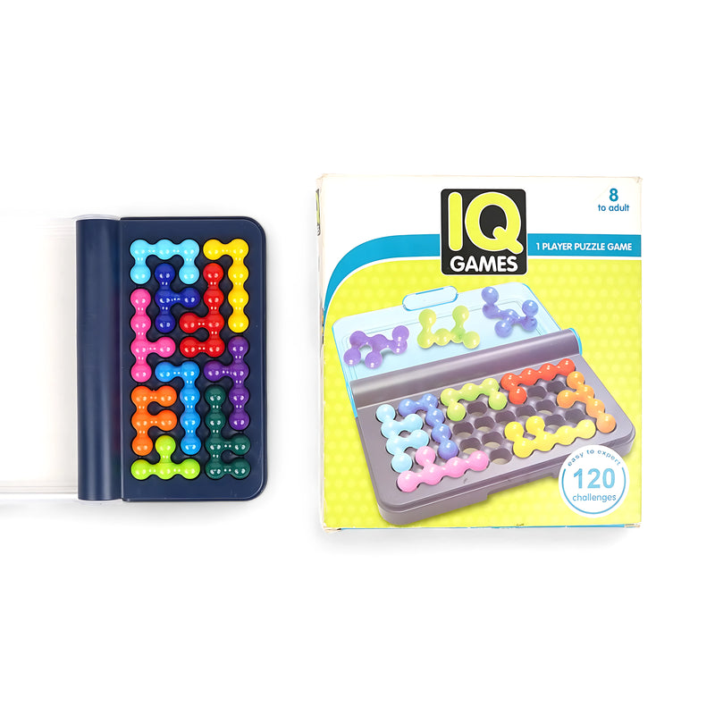 IQ Games Puzzle with 120 unique challenges for kids and adults, featuring colorful pieces in a compact case

