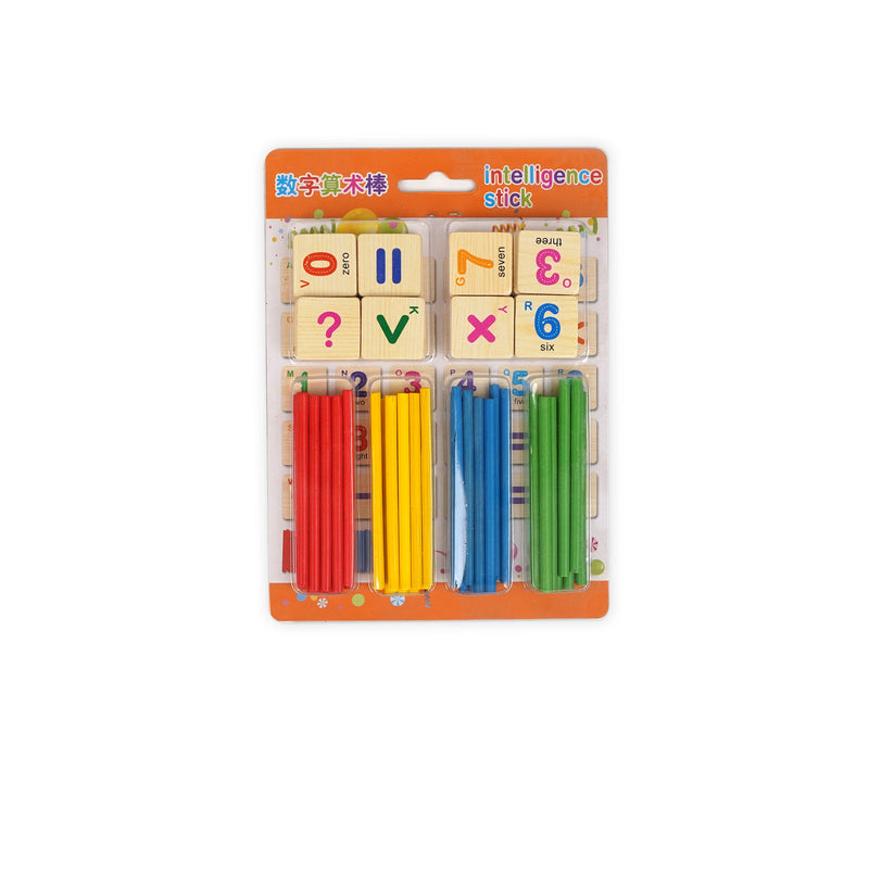 Intelligence Stick Wooden Counting Set featuring colourful sticks in red, yellow, blue, and green, along with numbered blocks for teaching math skills to young children.