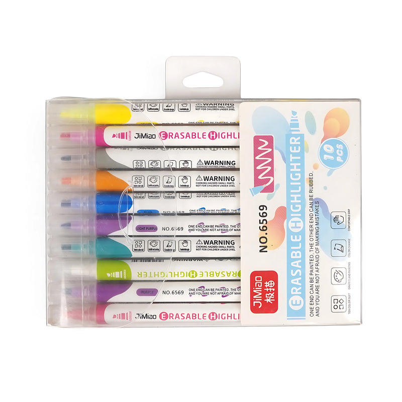 JiMiao Erasable Highlighter Set with 10 colors in a transparent plastic case, featuring dual tips for highlighting and erasing.

