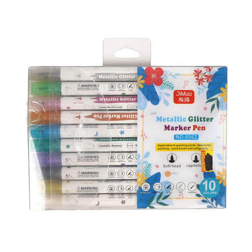 JiMiao Metallic Glitter Marker Pen Set with 10 colors, soft felt tips, and a floral-themed storage box, perfect for calligraphy and DIY projects.