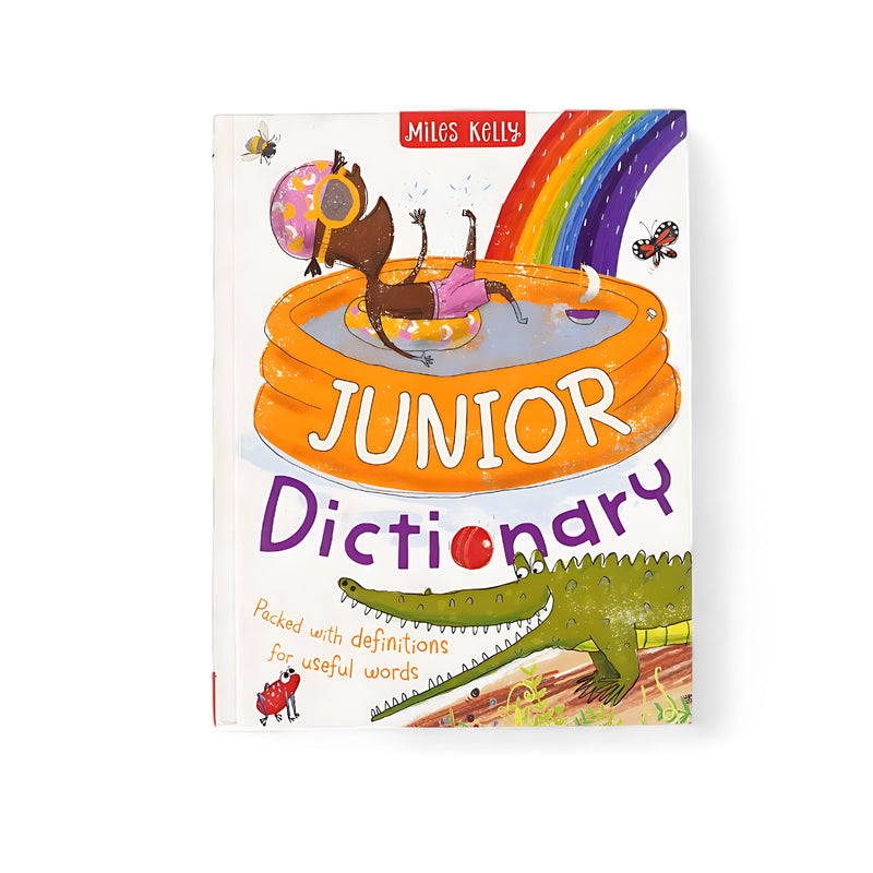 Cover of Junior Dictionary by Miles Kelly featuring colorful illustrations, including a monkey in a pool and a crocodile.






