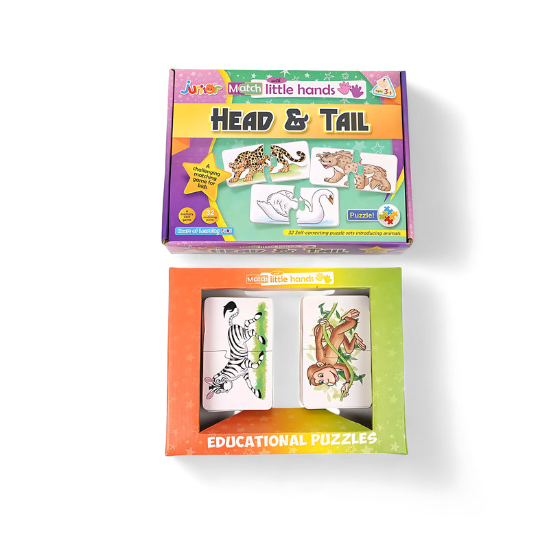 Junior Match Little Hands Head & Tail Animal Puzzle Set with 32 self-correcting pieces, featuring colorful animal illustrations for children aged 3+.

