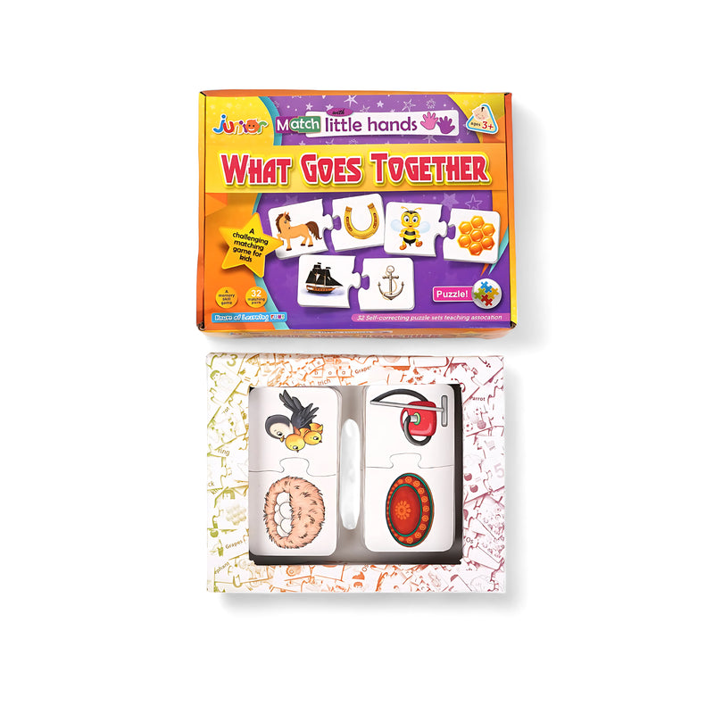 Junior Match Little Hands What Goes Together puzzle set with 32 self-correcting pieces, featuring vibrant illustrations and association-based play for children aged 3+.

