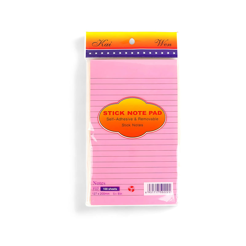 Kai Wen Lined Sticky Note Pad featuring 100 pink sheets with lined pages, measuring 127 x 200 mm, wrapped in clear plastic with a hanging tab for easy storage.

