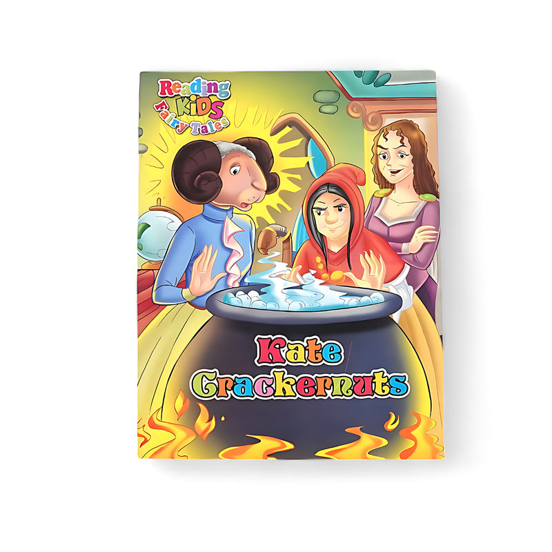 Cover of Kate Crackernuts showing two sisters with magical characters around a cauldron, symbolizing themes of loyalty, inner beauty, and courage.






