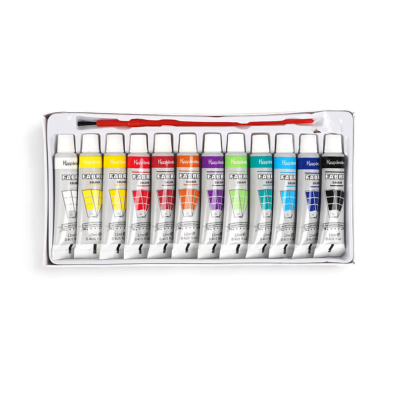 Keep Smiling Fabric Colour Paint Set with 12 vibrant 12ml tubes and paintbrush for fabric art and DIY projects.






