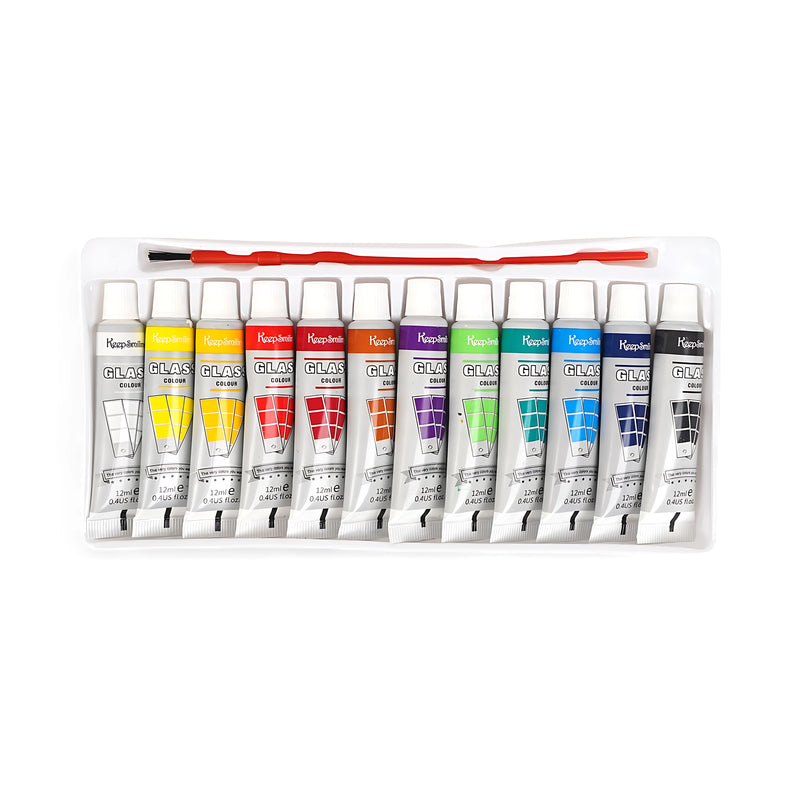 Keep Smiling Glass Colour Paint Set with 12 vibrant 12ml tubes and paintbrush for creating stunning glass art and DIY projects.






