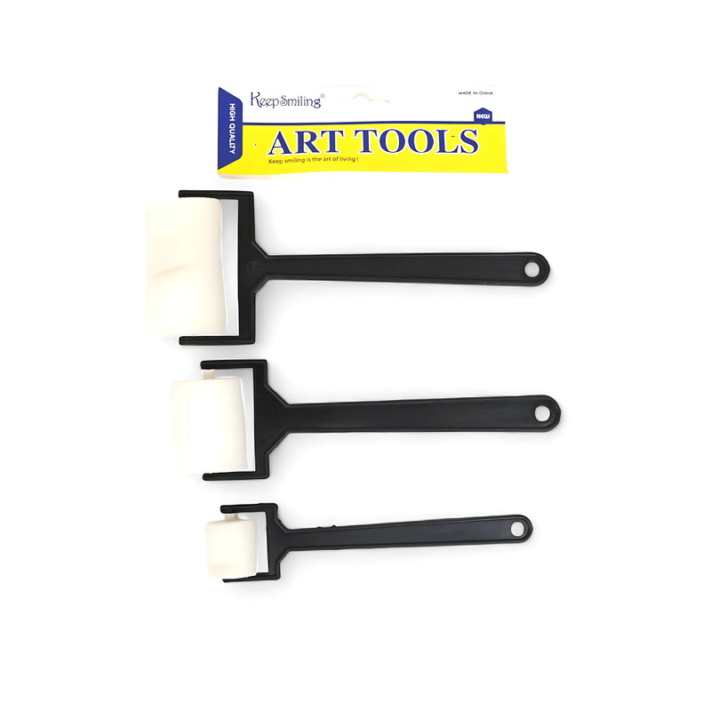Keep Smiling Foam Brayer Set – set of 3 foam rollers for printmaking, painting, and crafting, featuring high-density foam and durable handles.

