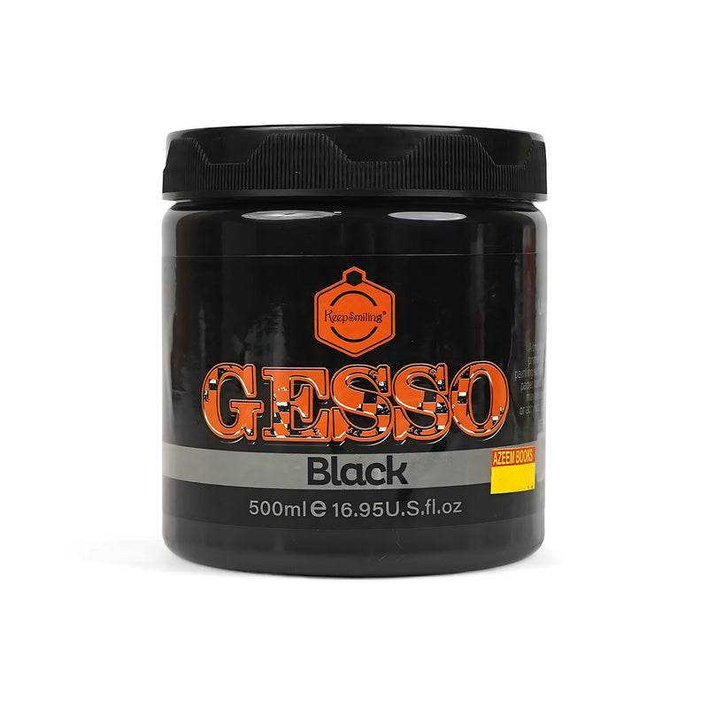 Jar of Keep Smiling Black Gesso, 500ml, designed to create a dark, primed surface for enhanced color contrast in acrylic and oil paintings.

