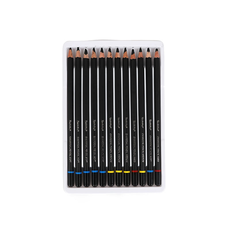 Keep Smiling Charcoal Pencils Set - 12 Pieces, includes soft, medium, and hard grades for detailed sketching and shading.

