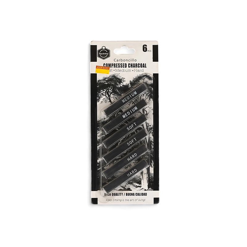 Keep Smiling Compressed Charcoal Set, 6-Piece Pack with Soft, Medium, and Hard Charcoal Sticks for sketching and shading.

