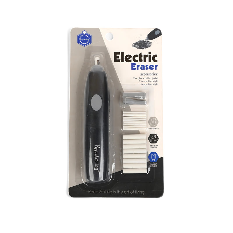 Keep Smiling Electric Eraser (Black) – battery-operated precision eraser with multiple eraser refills, perfect for artists and students seeking accuracy in their work.






