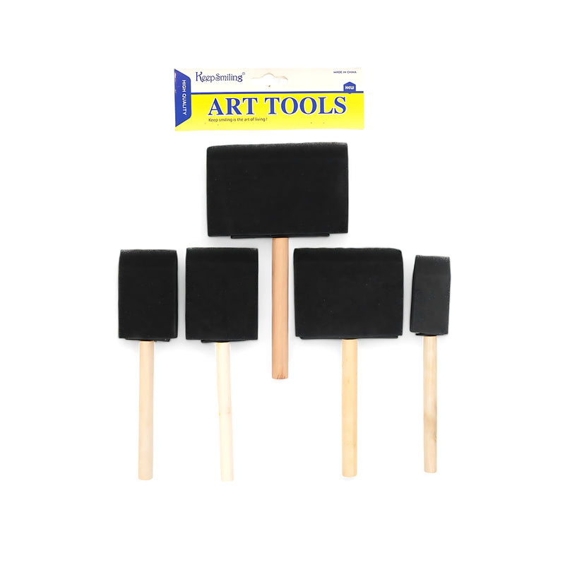 Keep Smiling Foam Brush Set – 5-piece foam brushes in assorted sizes with wooden handles, ideal for painting, varnishing, and crafting.

