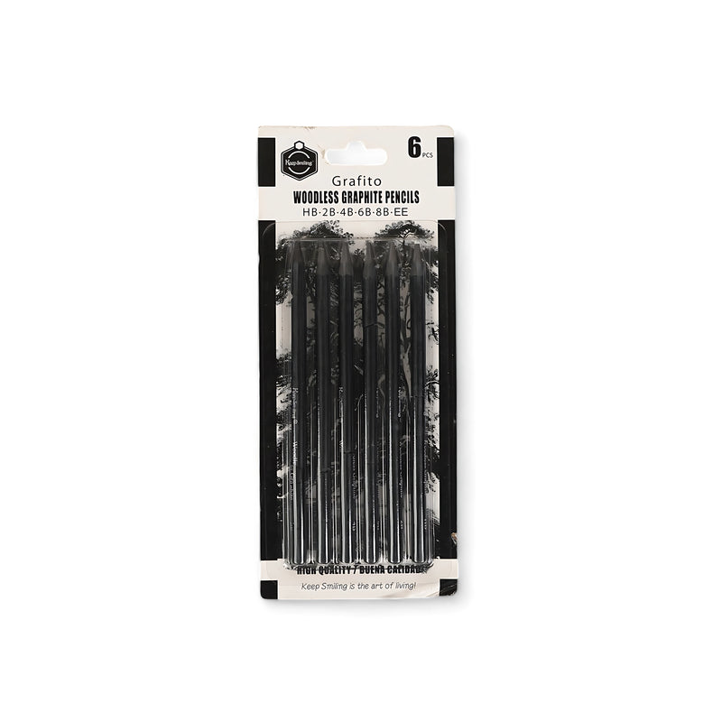Keep Smiling Grafito Woodless Graphite Pencil Set, 6-Piece Pack with HB, 2B, 4B, 6B, 8B, and EE grades for sketching and shading.

