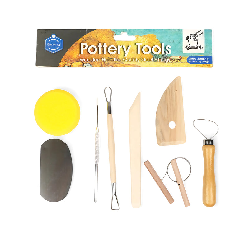 Keep Smiling 8-Piece Pottery Tool Set with wooden handles and steel fittings, ideal for clay sculpting, pottery, and ceramics.

