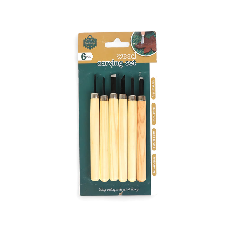 Keep Smiling Wood Carving Set containing 6 essential carving tools, designed for detailed and precise woodworking projects.

