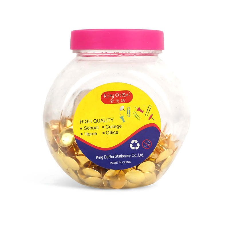A round jar of King DeRui Brass Thumb Tacks with a pink lid, featuring a transparent body filled with gold-colored tacks, ideal for schools, offices, and home use.

