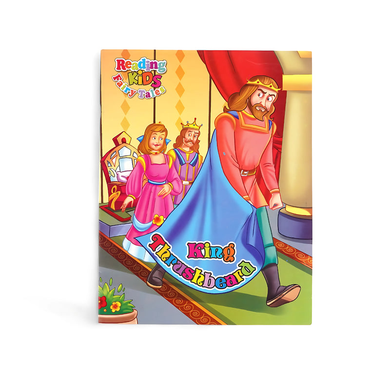 Illustrated cover of King Thrushbeard from the Reading Kids Fairy Tales series, featuring a proud princess and a disguised king, set in a colorful royal setting.

