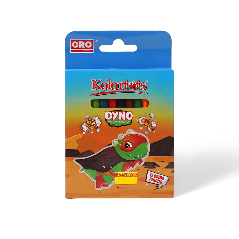 Kolortots Dyno 12 Color Pencils set in vibrant dinosaur-themed packaging.

