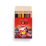 Kolortots Meow The Super Cat 12 Color Pencils set with vibrant colors in a fun-themed box for children.

