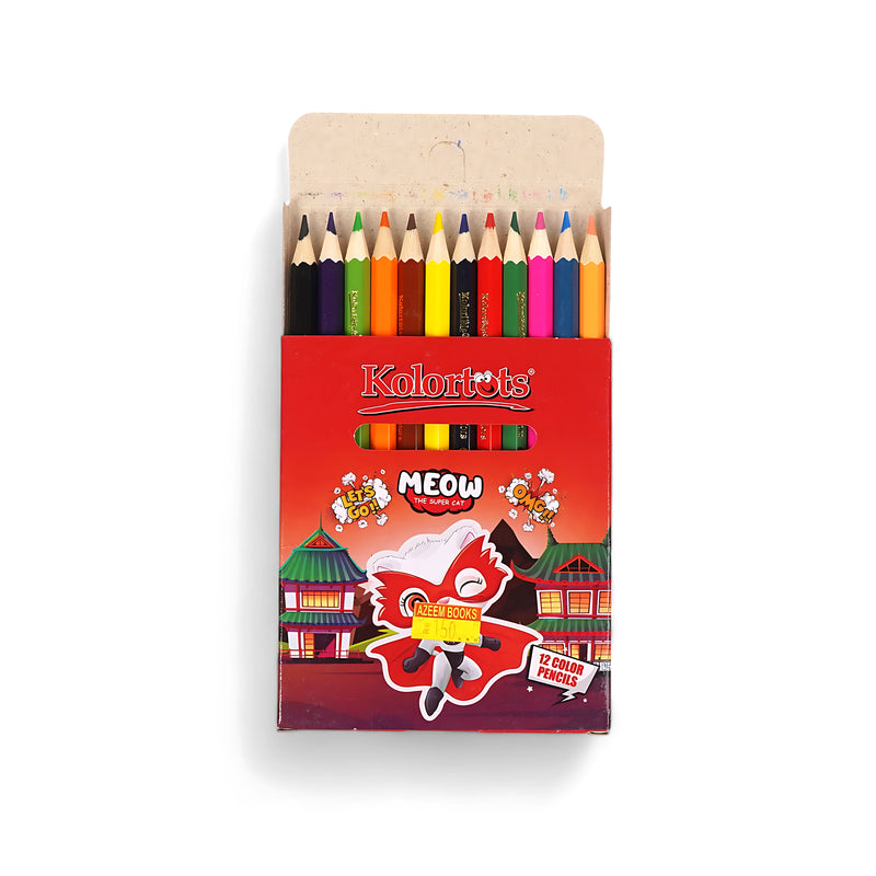 Kolortots Meow The Super Cat 12 Color Pencils set with vibrant colors in a fun-themed box for children.


