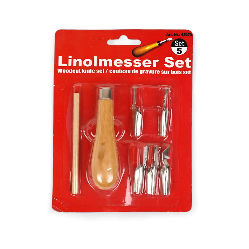 Linolmesser Woodcut Knife Set – 5-piece set with interchangeable blades and a wooden handle for linocut, woodcut, and engraving projects.







