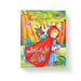 Cover of the book "Little Red Riding Hood" in Urdu with vibrant illustrations of the girl in a red cape and the wolf hiding behind a tree.

