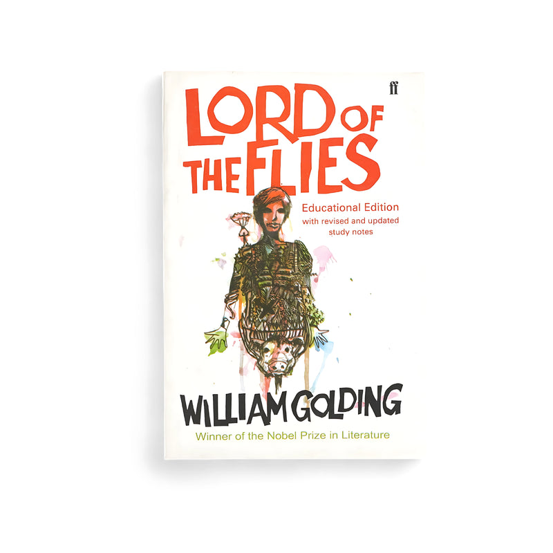 Cover of Lord of the Flies by William Golding, educational edition with revised study notes, featuring abstract art that represents the story's themes.






