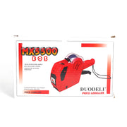MX5500 EOS Price Labeller in red with ergonomic handle, one-touch open system, and 8-digit capacity, shown in branded packaging. 